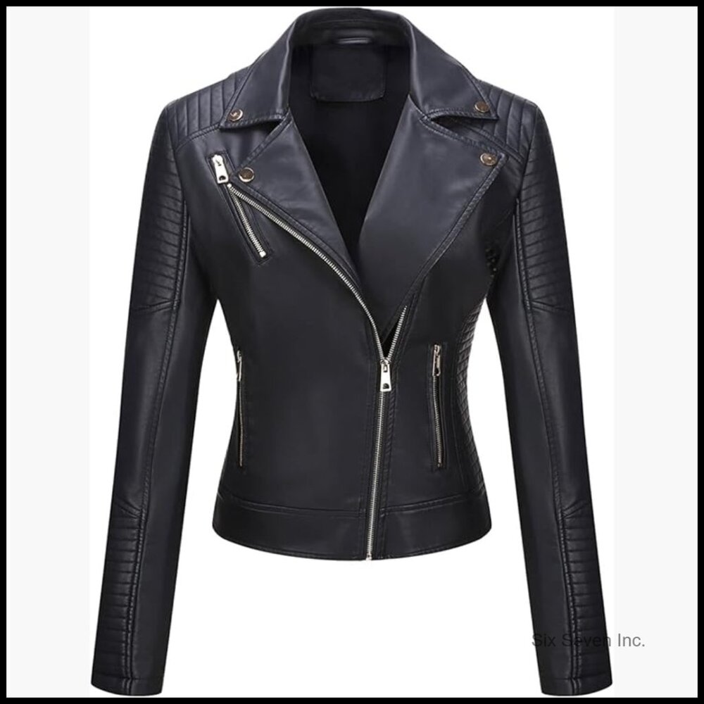 Faux Leather Moto Jacket Lightweight Classic Coat Quilted Design
